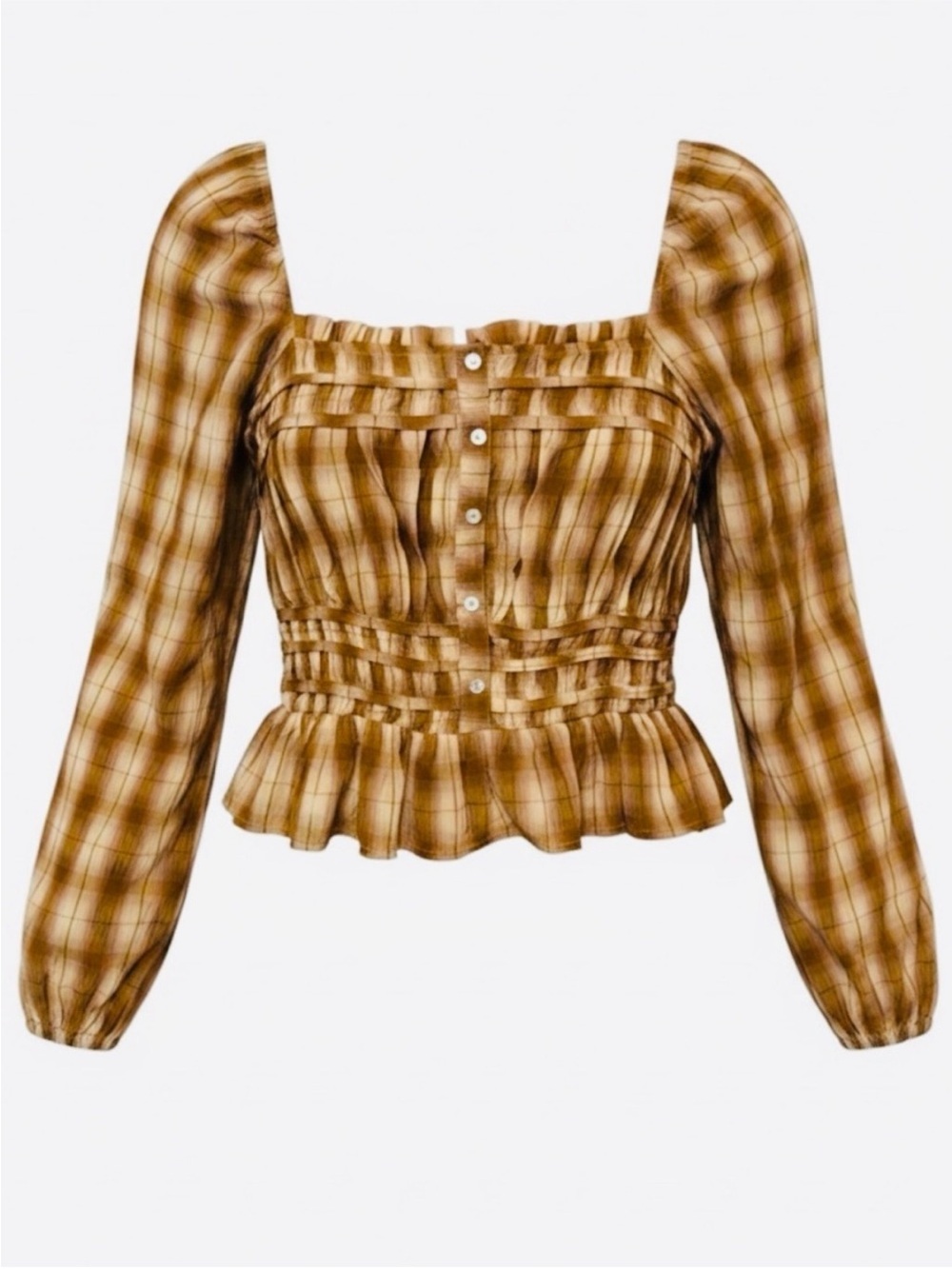 ❤️… Bohme Beige Brown Plaid Smocked Peplum Top